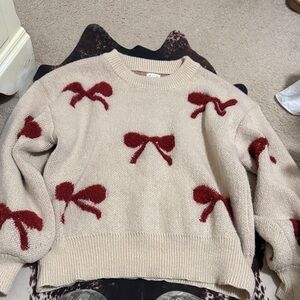 POL Cream Sweater with Red Bow Accents
